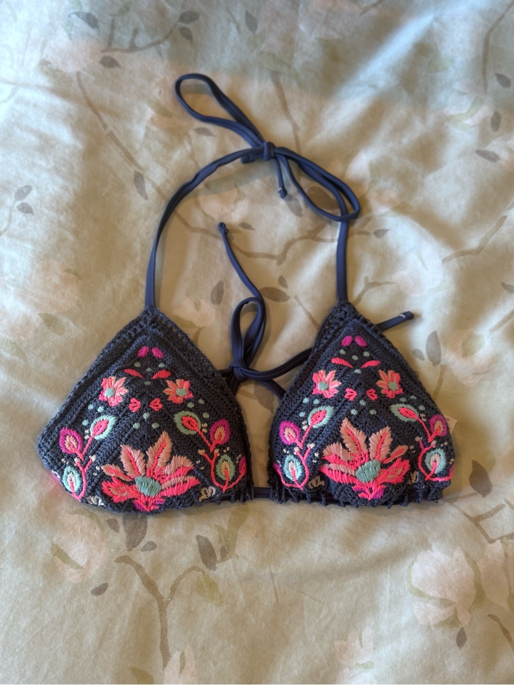 Xhilaration Navy Crochet Triangle Top with Pink Floral Embroidery